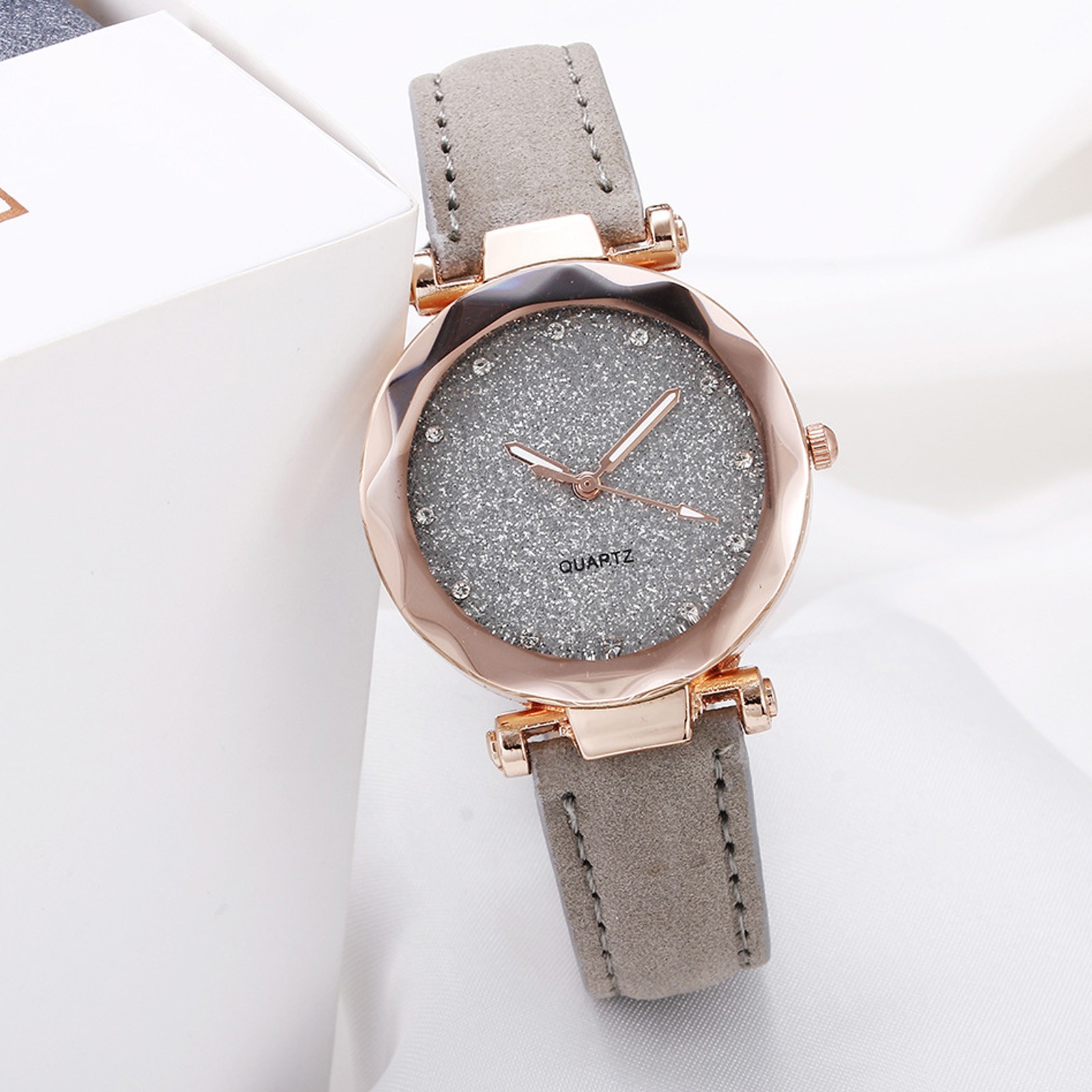Womens Small Wrist Watch Leather Strap Roman Numeral Dial - Angle view of the product in use