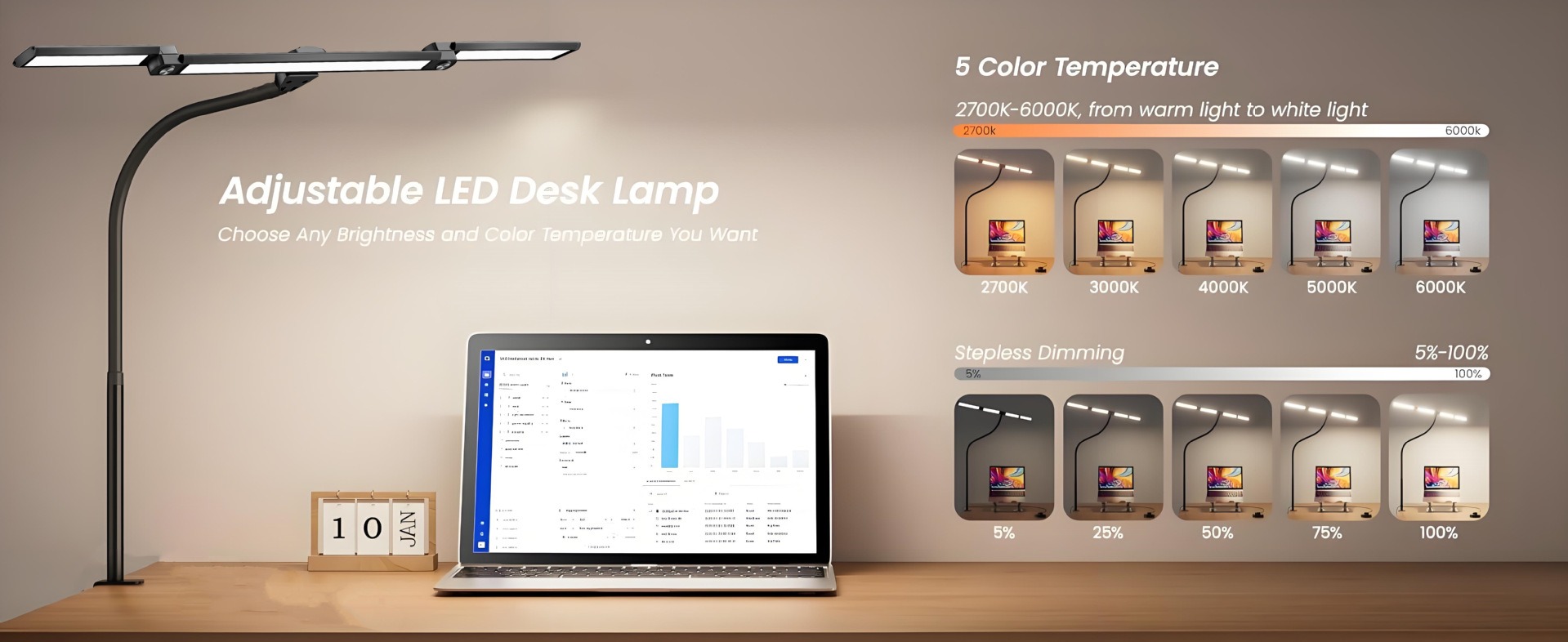 LED Desk Lamp with Clamp and Remote Dimming 24W - Zoomed image showing craftsmanship