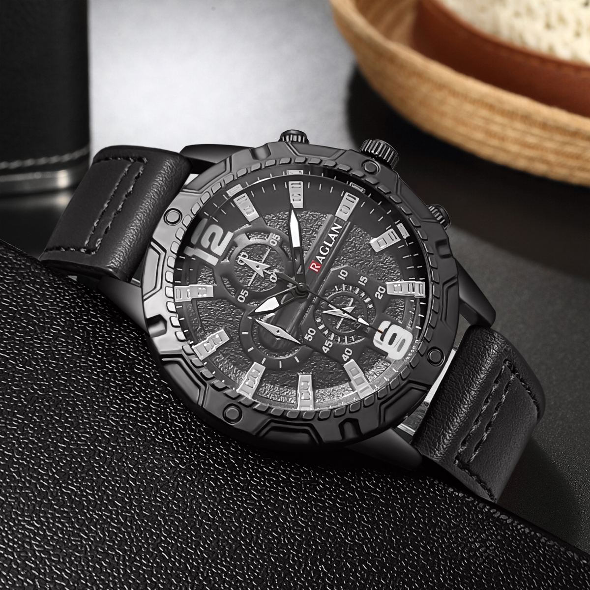 Mens Leather Watch Fashion Wristwatch - Premium material and texture showcase