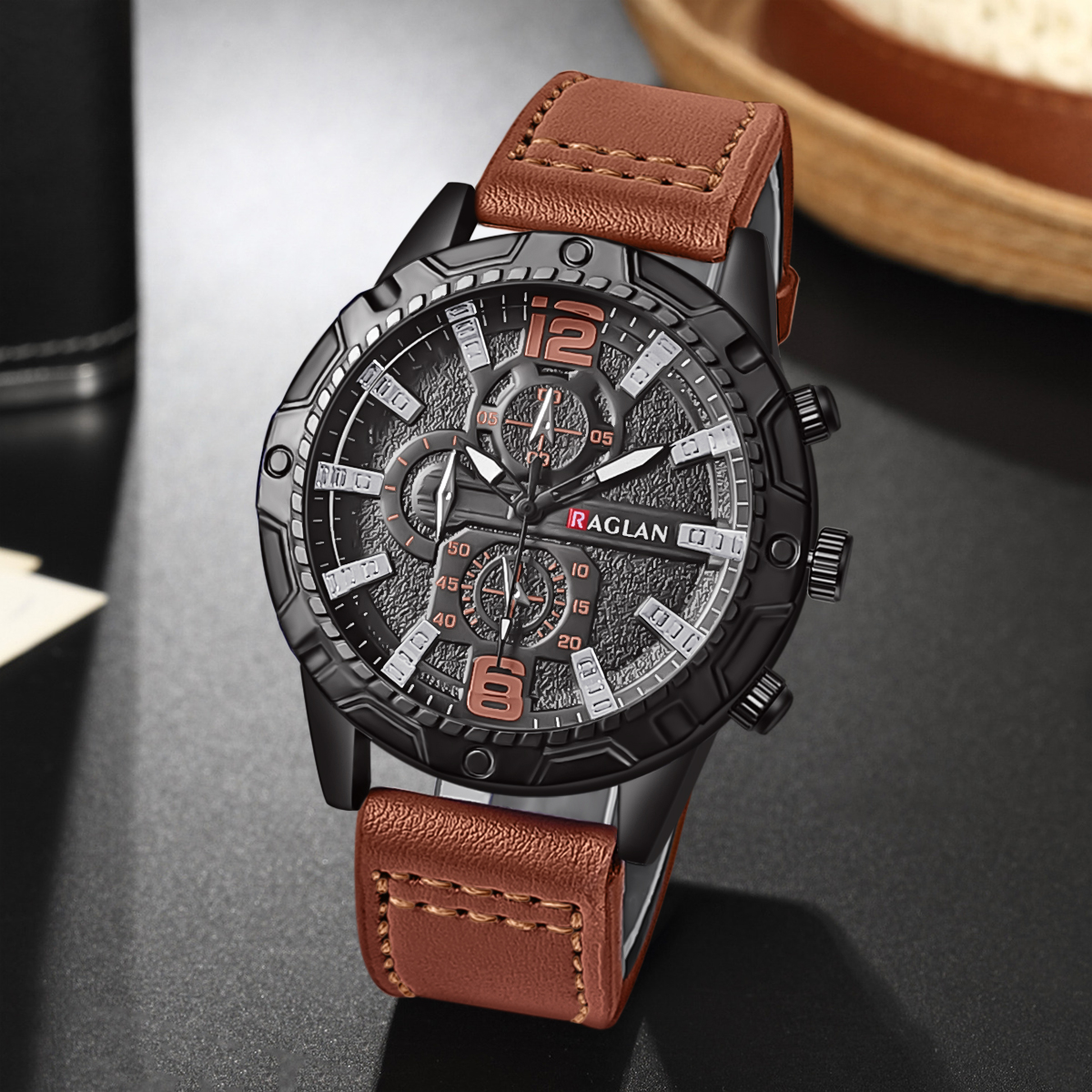 Mens Leather Watch Fashion Wristwatch - Zoomed image showing craftsmanship