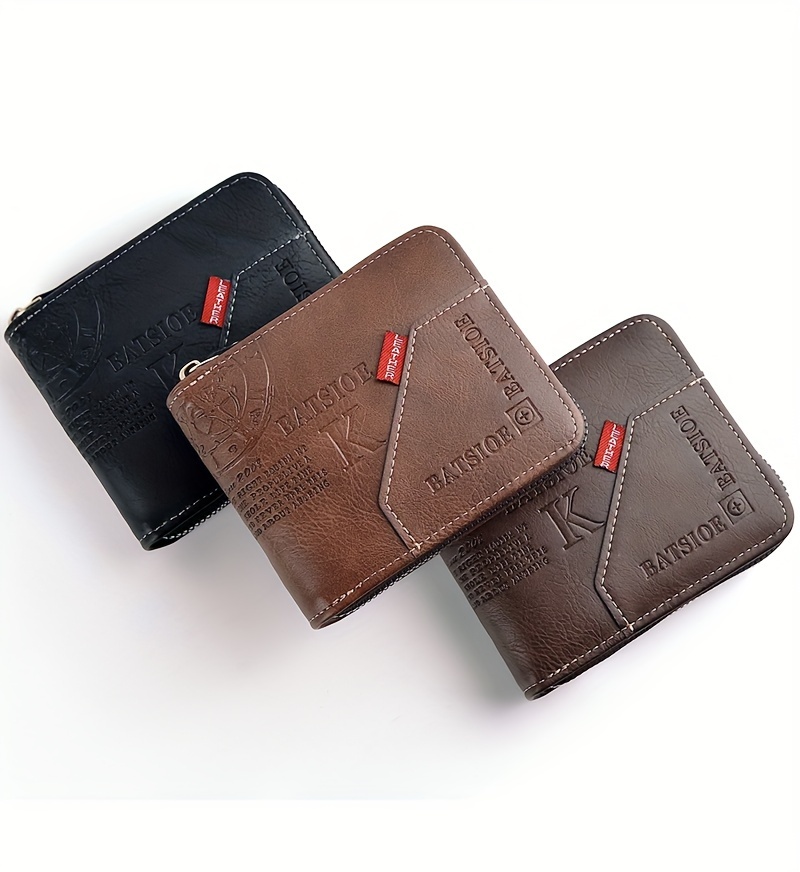 Mens Leather Wallet Zipper Coin Purse and Card Holder - Image highlighting product features