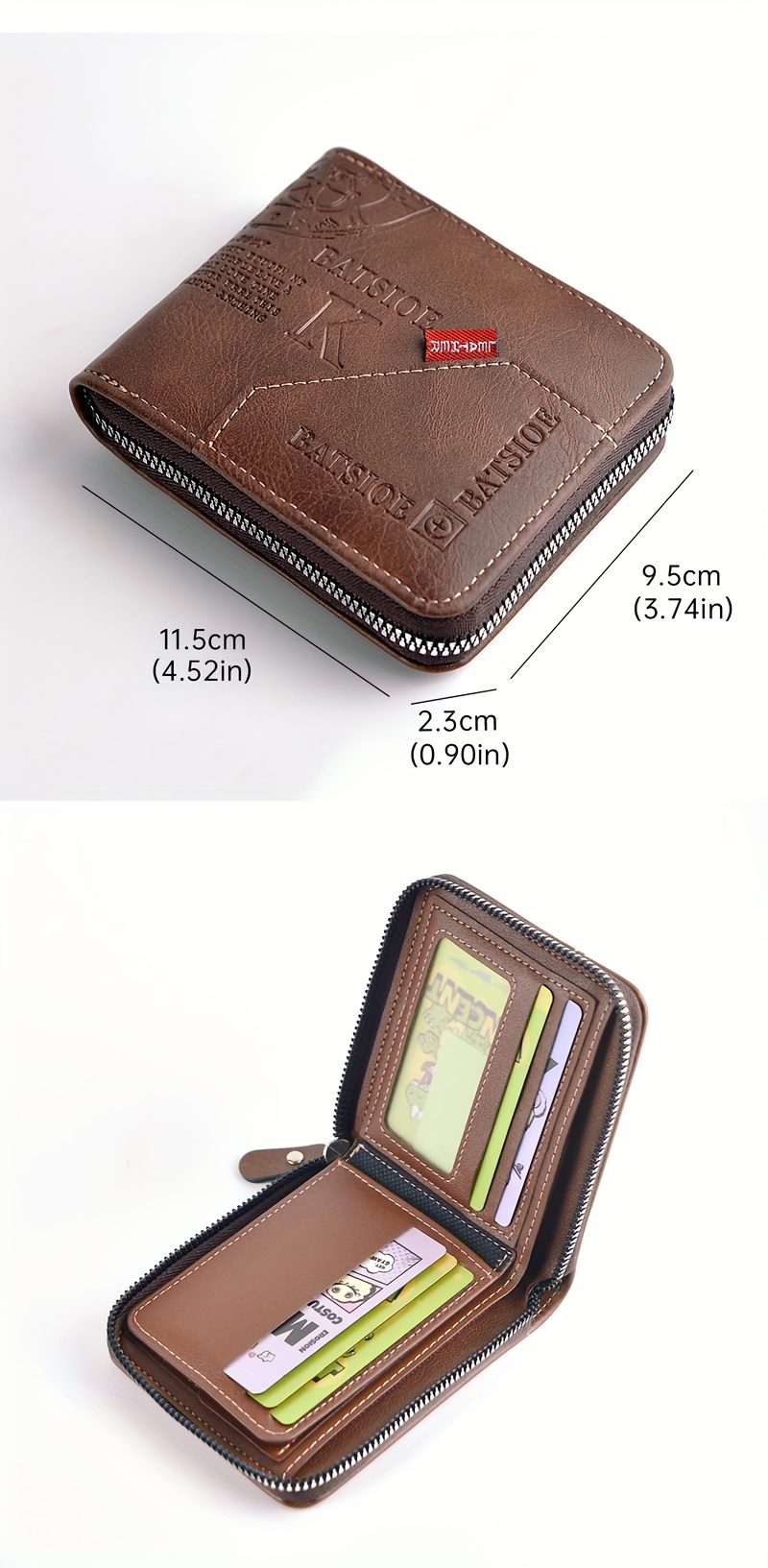 Mens Leather Wallet Zipper Coin Purse and Card Holder - Product close-up for better view