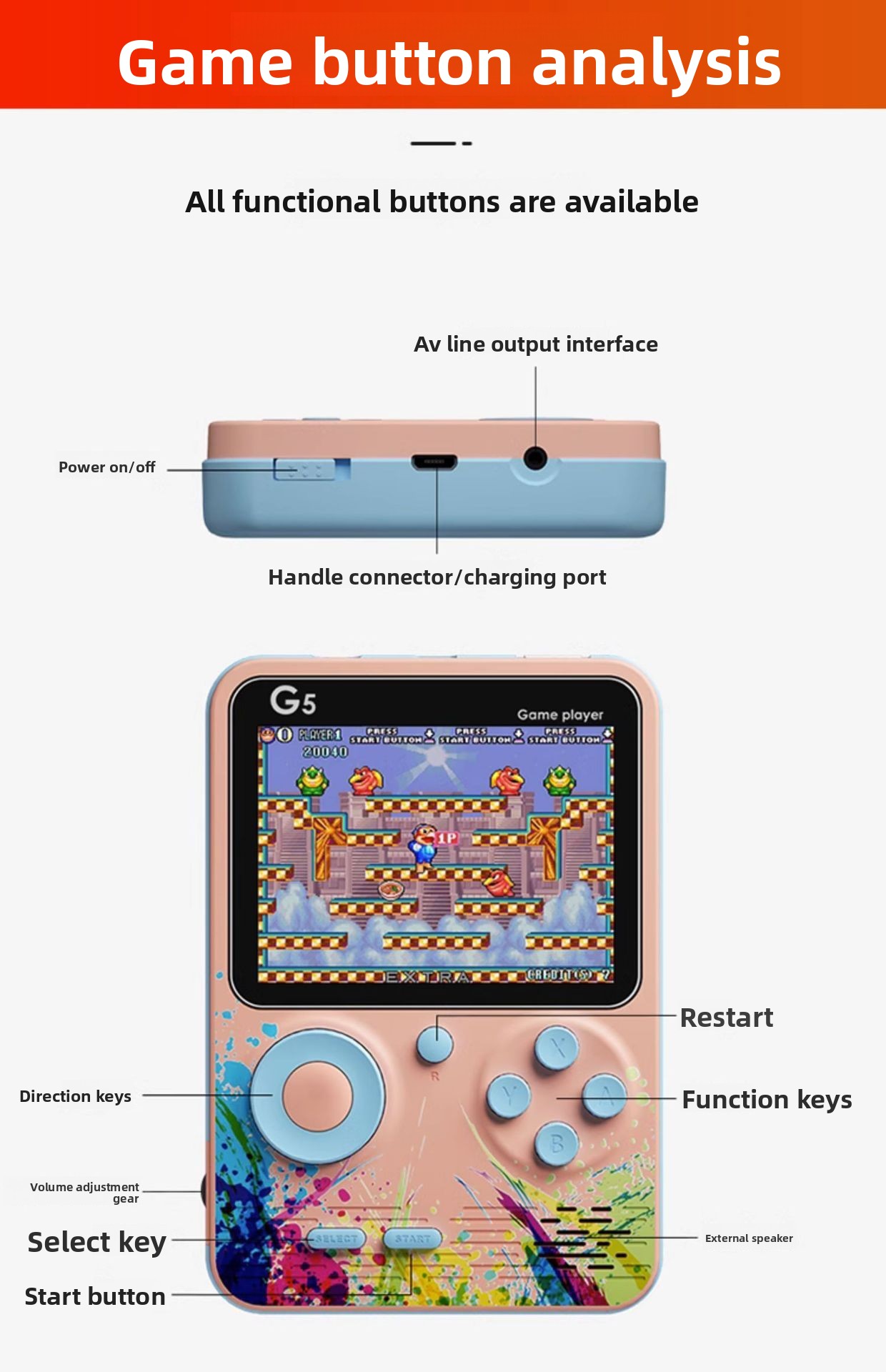 G5 Retro Handheld Game Console 500 Classic Games Portable - Front-facing product display