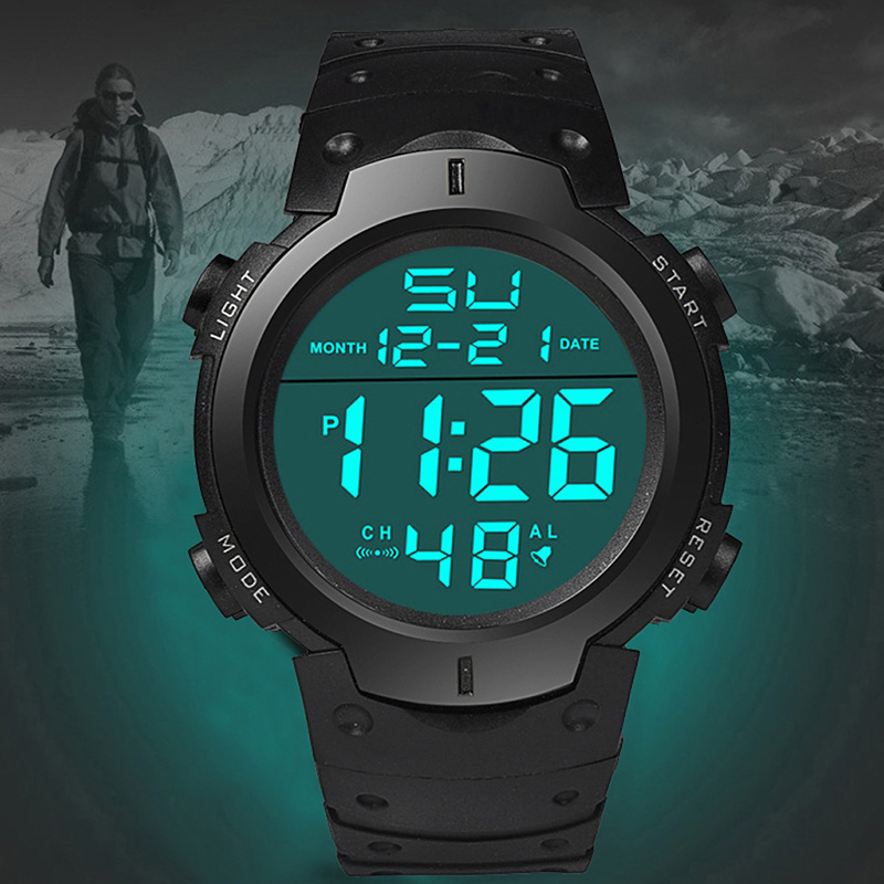 Mens Waterproof Sports Fitness Digital Watch - Image highlighting product features