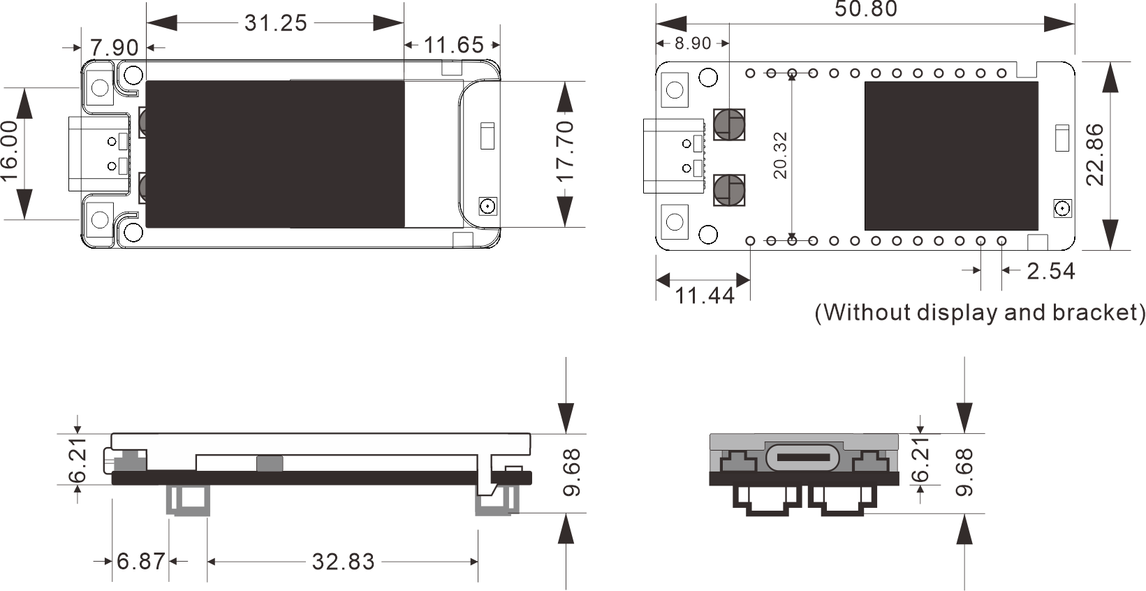 Physical dimensions of the development board