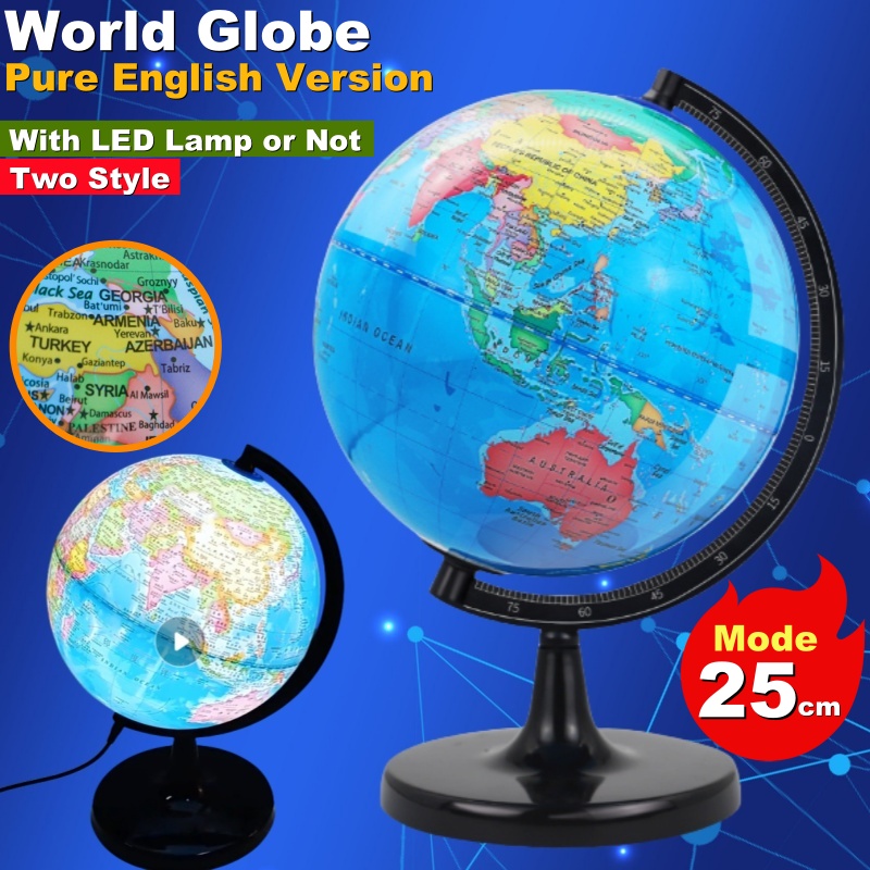 Illuminated world globe desk lamp showing terrestrial map details