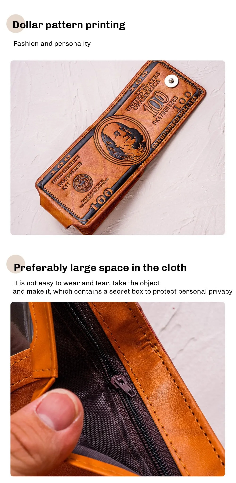 Mens 100 Dollar Bill Leather Wallet Card Holder - Image highlighting product features