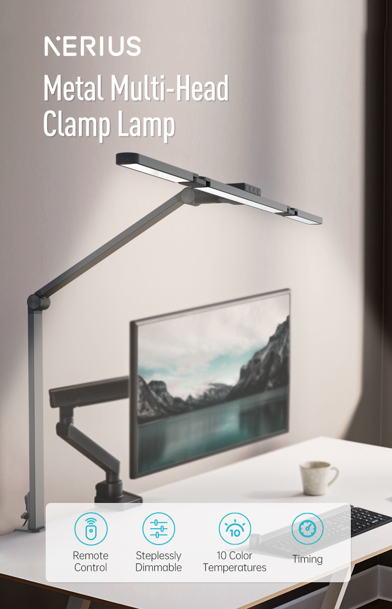 LED Desk Lamp with Clamp and Remote Dimming 24W - Sleek profile against neutral background