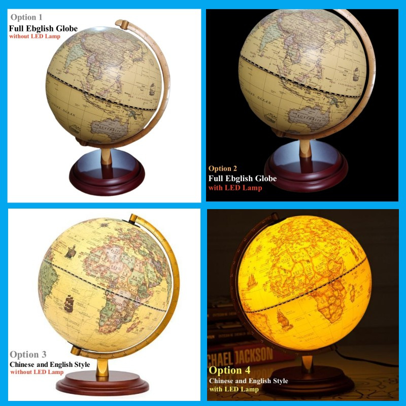 English and Chinese world globe with LED lamp options