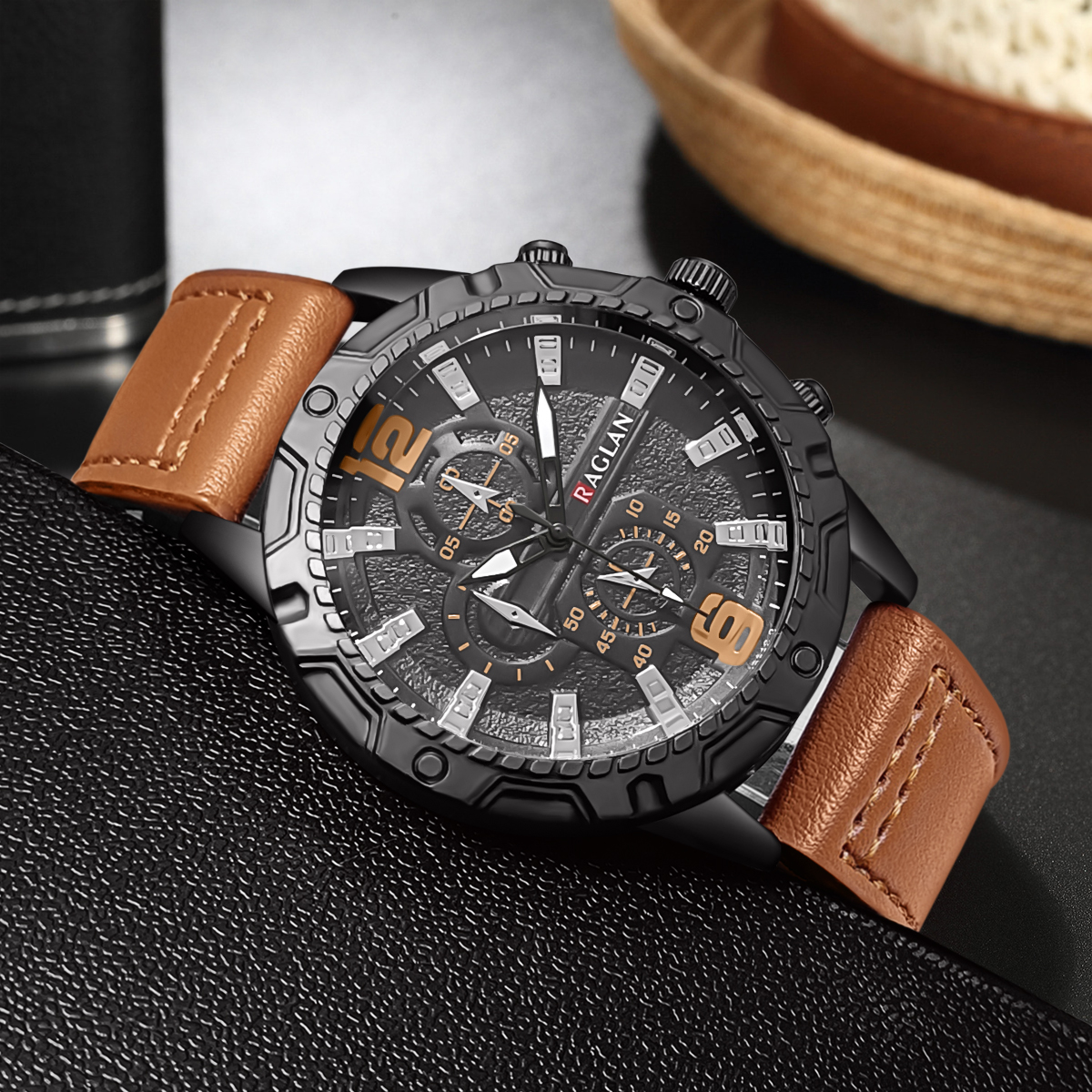 Mens Leather Watch Fashion Wristwatch - Angle view of the product in use