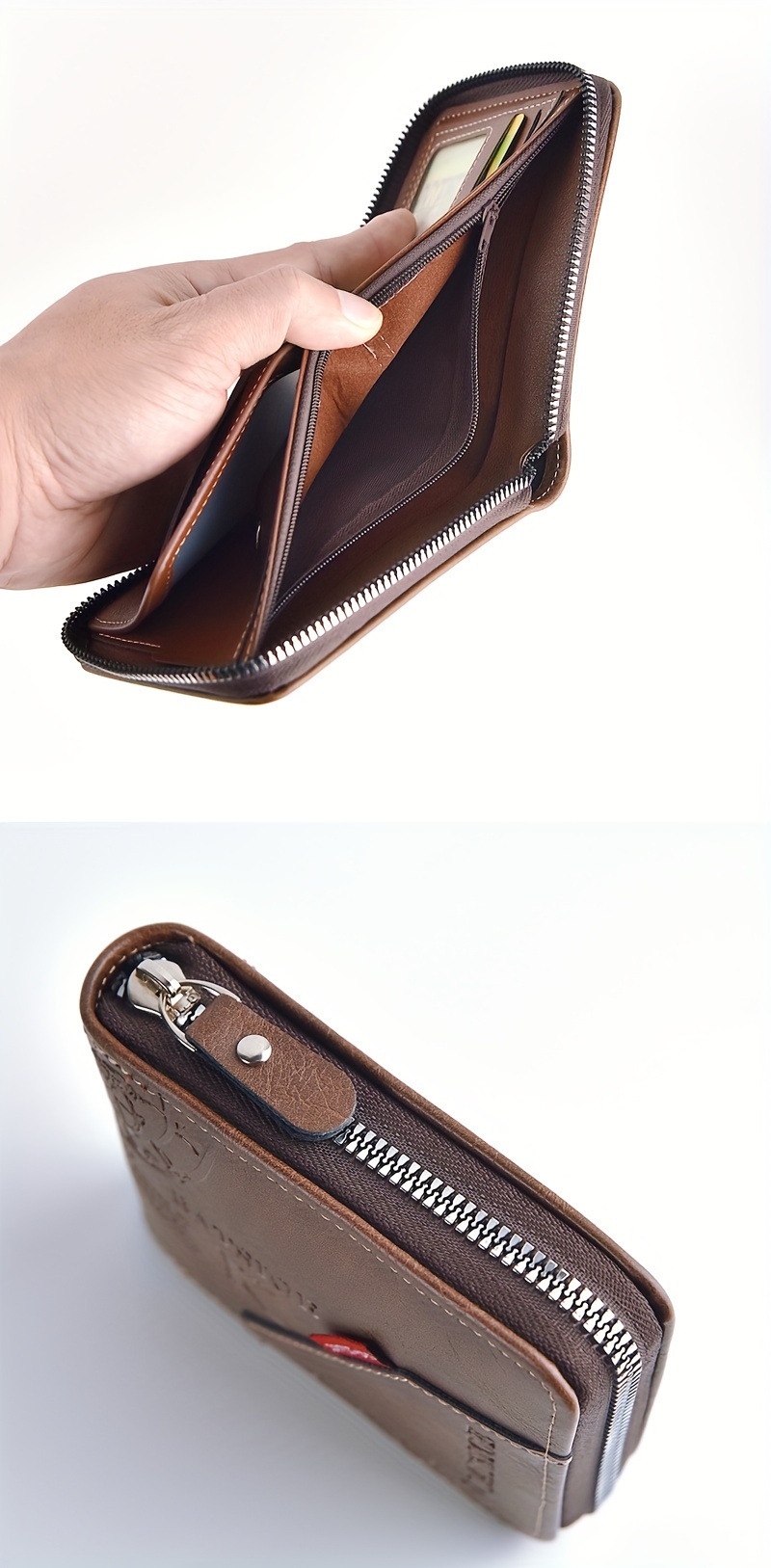 Mens Leather Wallet Zipper Coin Purse and Card Holder - Zoomed image showing craftsmanship