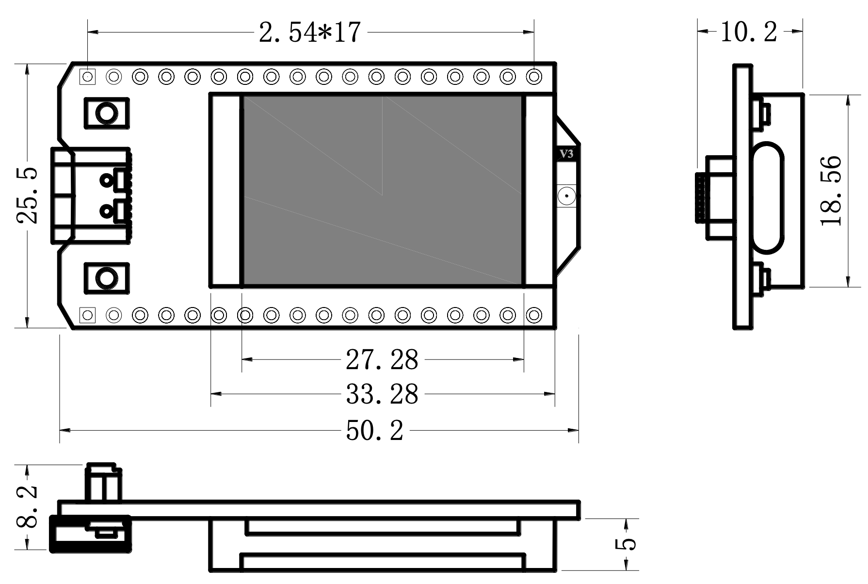 Physical dimensions of the development board