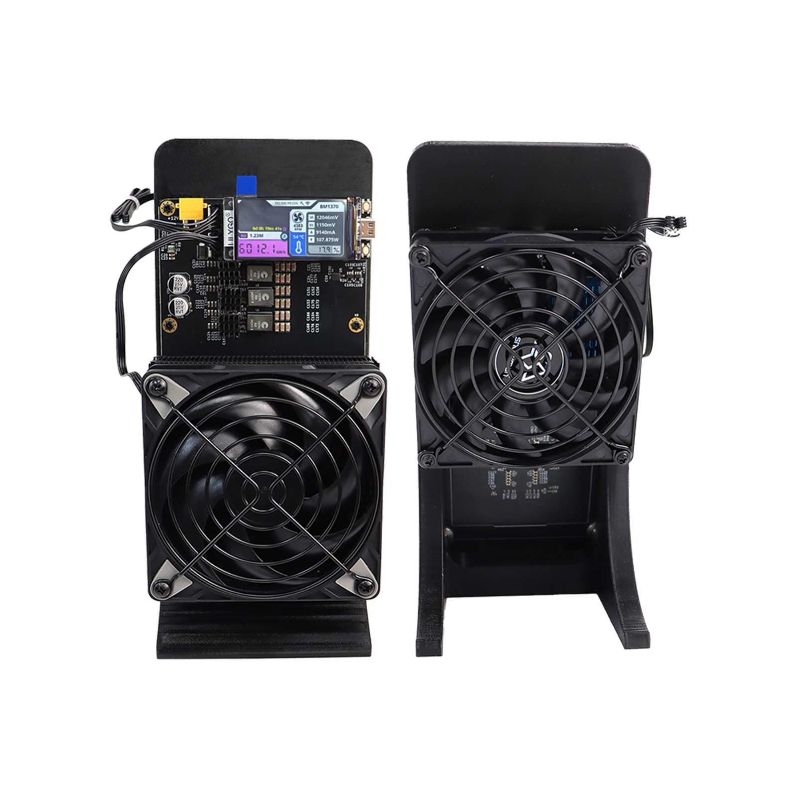NerdMiner Qaxe Bitcoin miner device with power adapter and international plugs