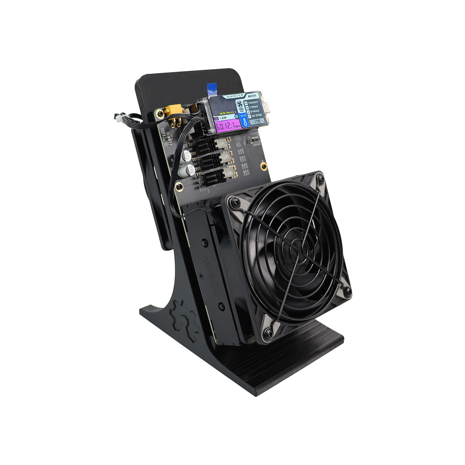 Real life photo of NerdMiner Qaxe crypto rig and power supply