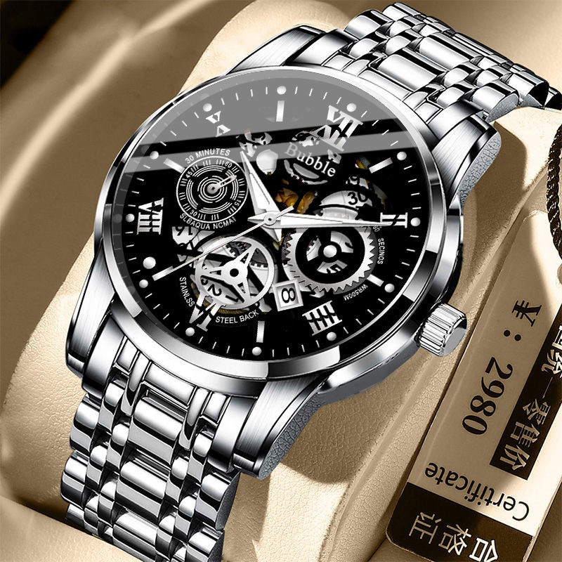 Mens Quartz Watch Waterproof Luxury Hollow Dial Wristwatch - Image highlighting product features