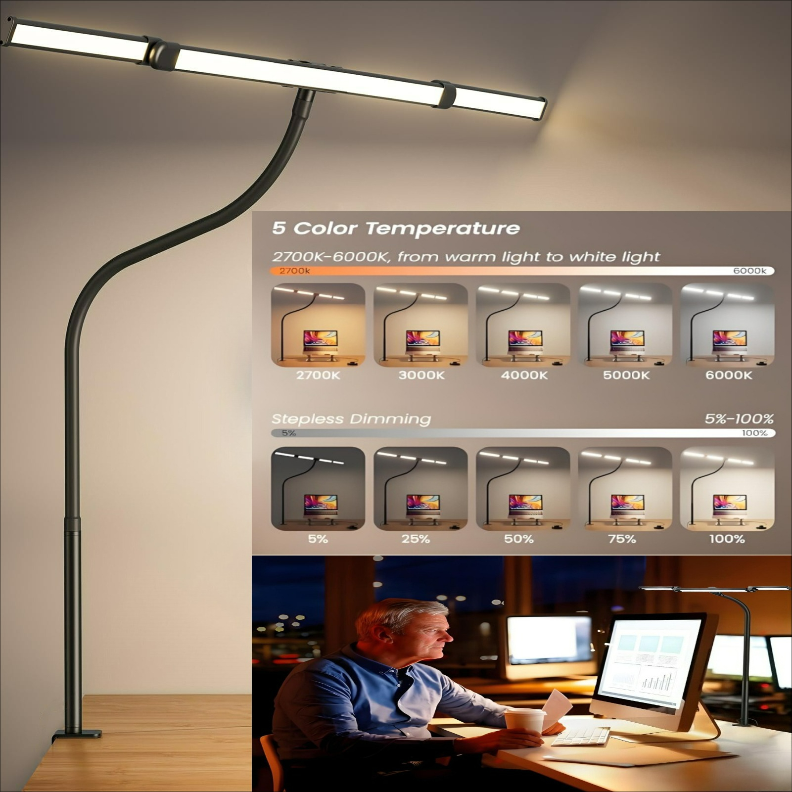 LED Desk Lamp with Clamp and Remote Dimming 24W - Elegant design displayed