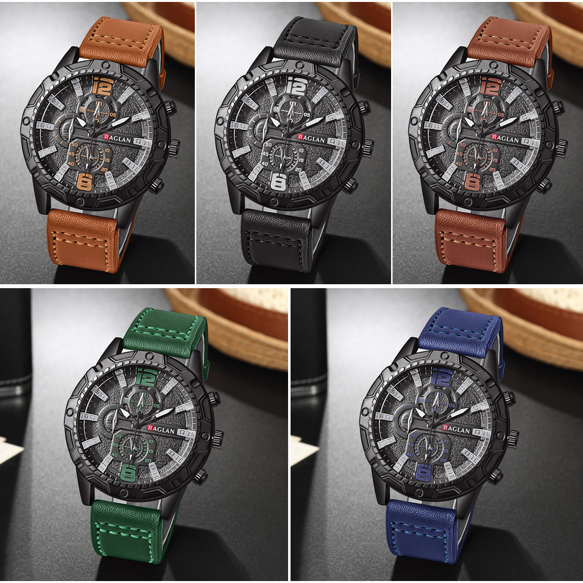 Mens Leather Watch Fashion Wristwatch - Front-facing product display
