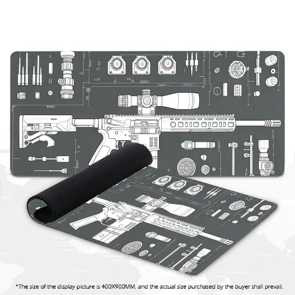 Gaming Mouse Pad Tactical Rifle Blueprint Neon Desk Mat - Side view of the item