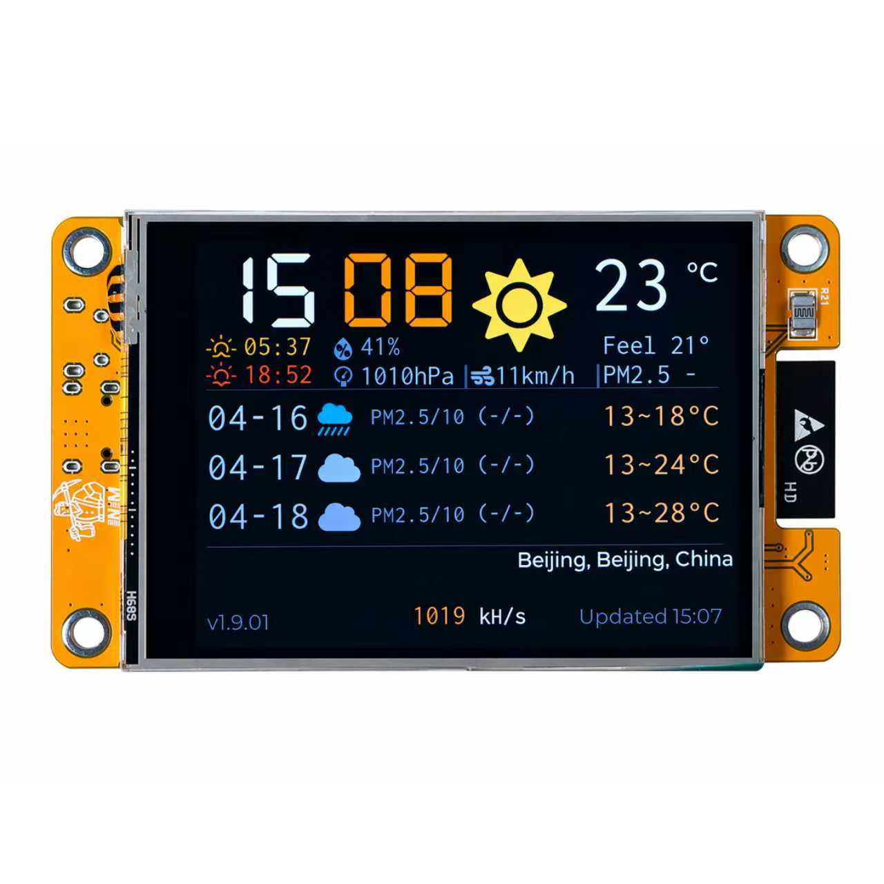 Crypto miner showing weather and temperature features on screen