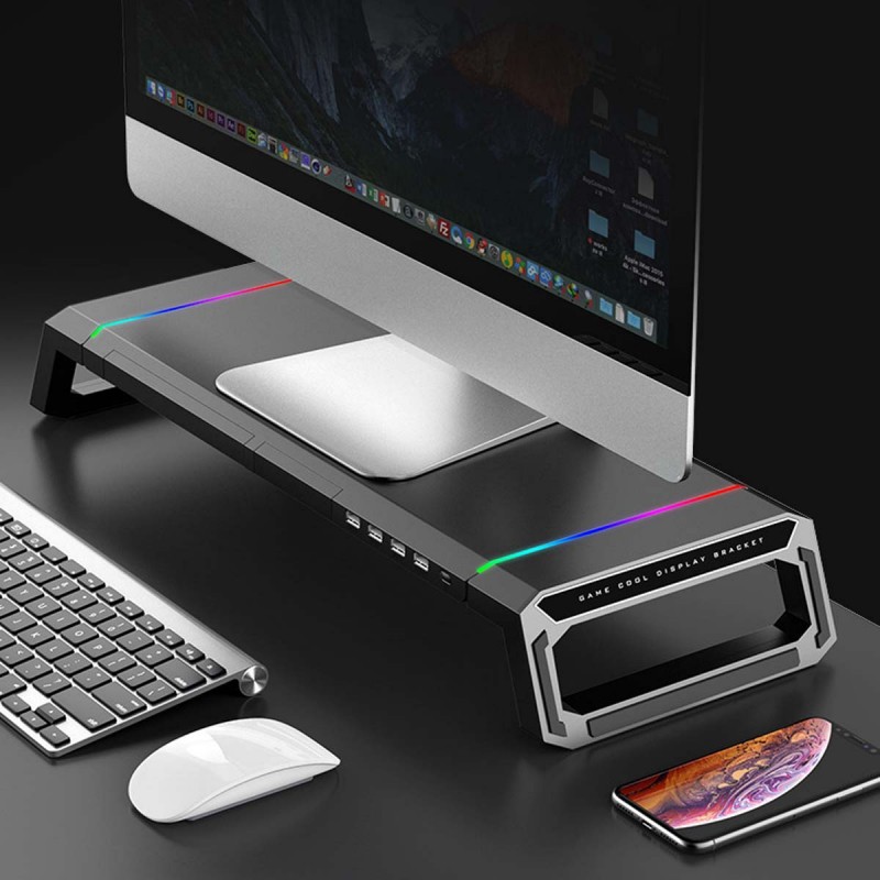 PC monitor stand featuring phone and tablet bracket organizer