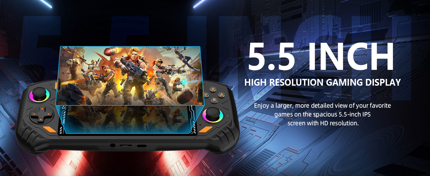 Handheld game console showing its 5.5 inch IPS screen