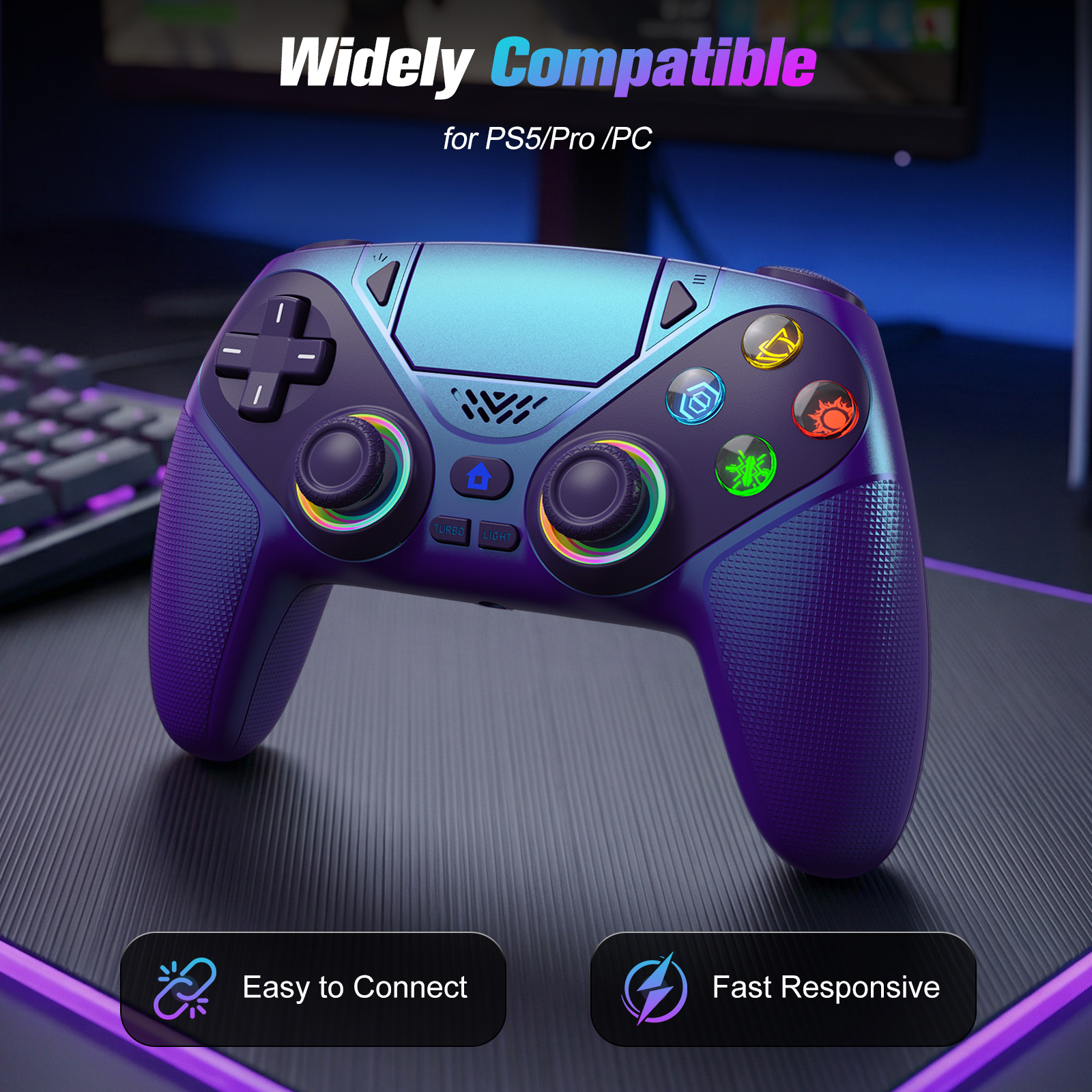 Wireless PS5 Controller RGB Gamepad for PC and PS5 Pro Slim - Image highlighting product features