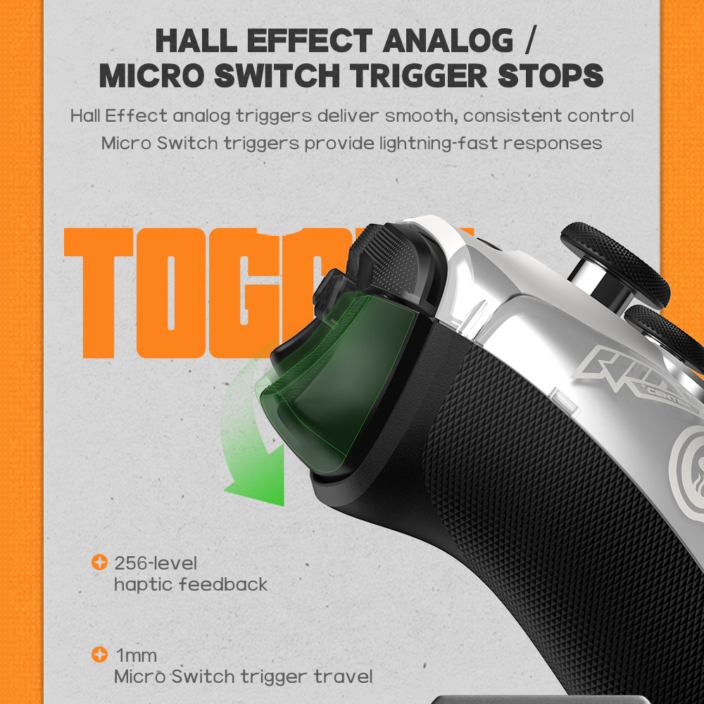 Hall effect analog triggers with clicky micro switch stops