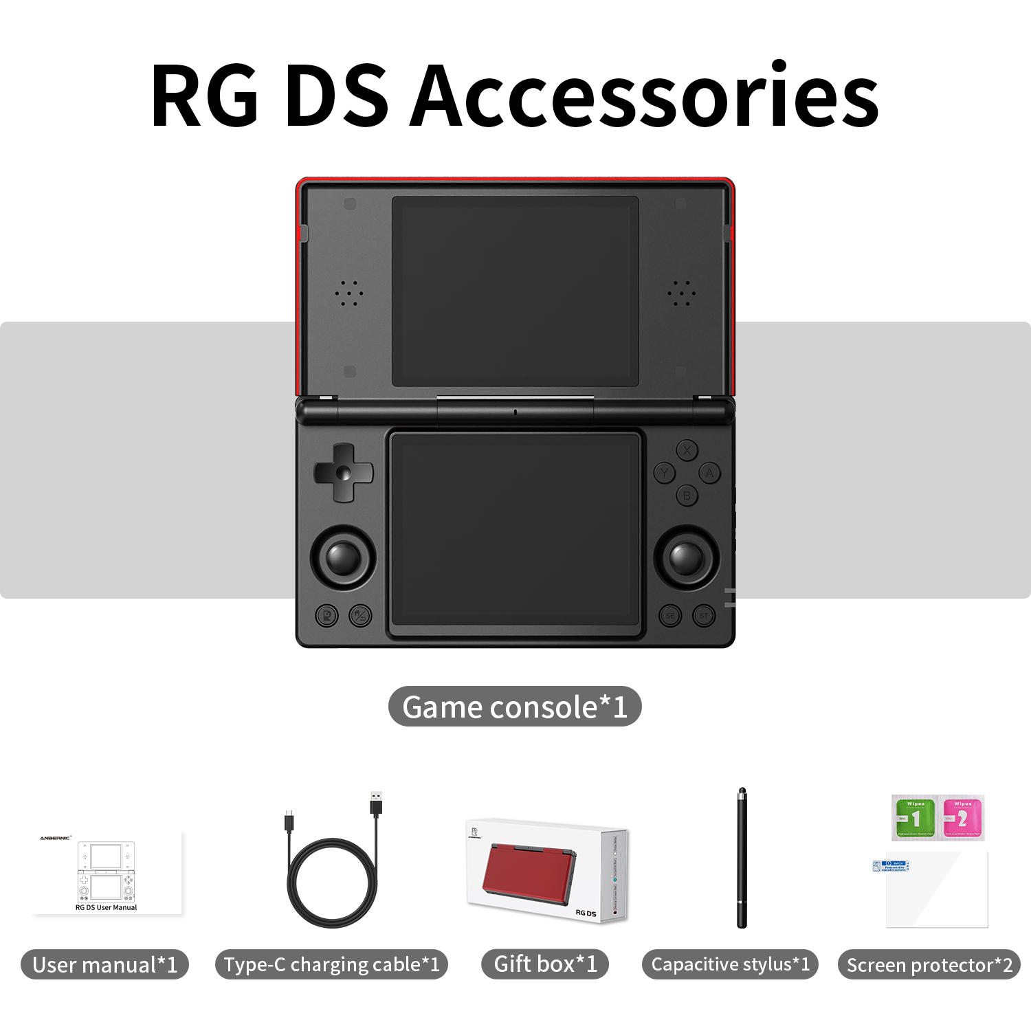 Complete set of Anbernic RG DS console and included accessories in box