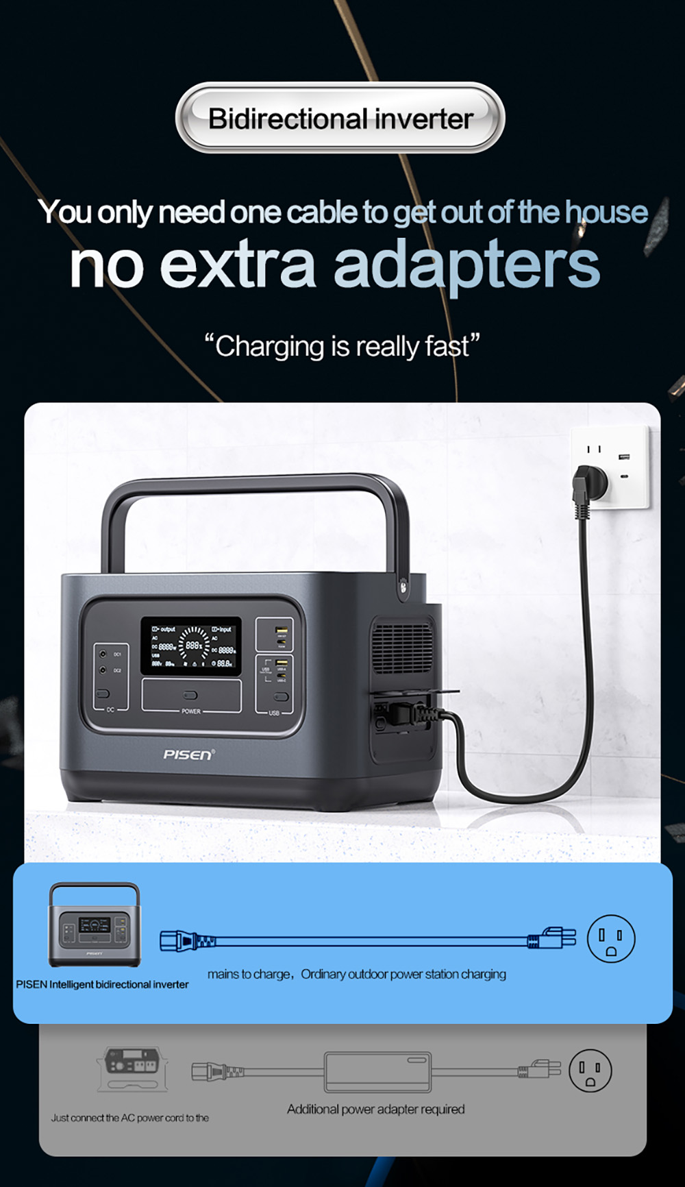 PISEN 1000W Solar Generator 1008Wh LiFePO4 Portable Power Station - Elegant design displayed