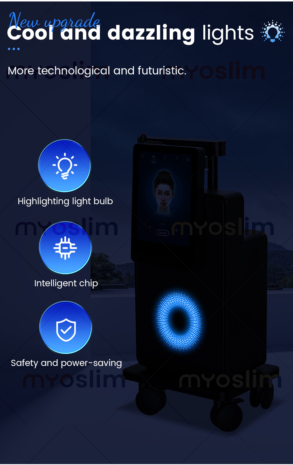 Beauty device trolley with LED light ring and rolling casters