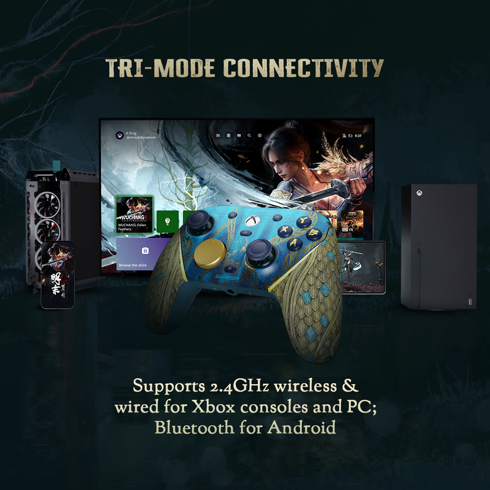 GameSir G7 Pro Wuchang controller showing tri-mode connectivity features