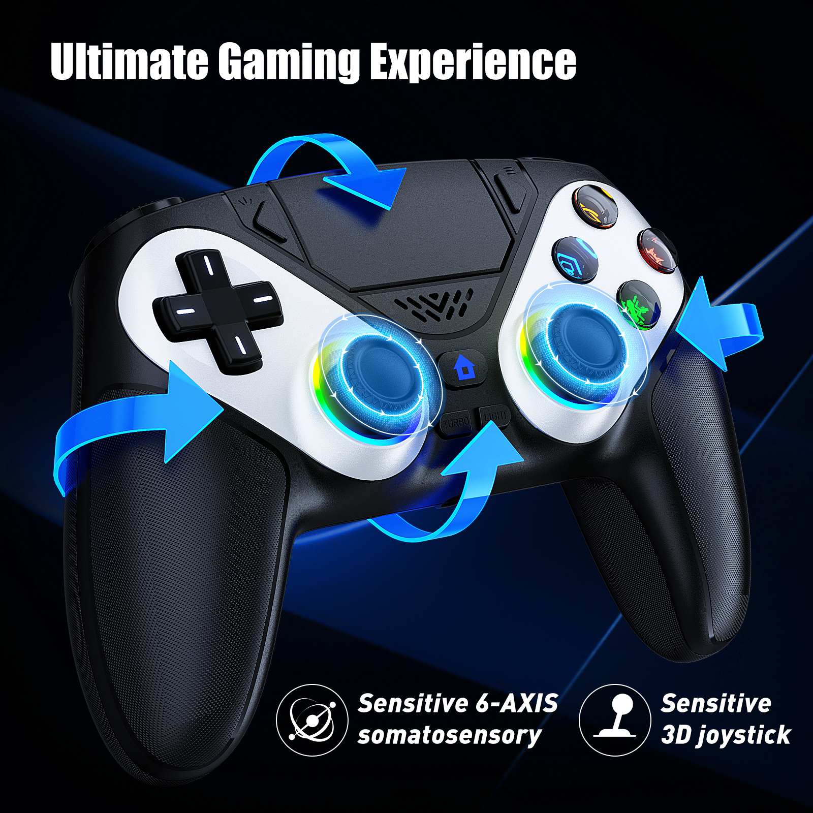 Wireless PS5 Gaming Controller with RGB and Turbo - Sleek profile against neutral background