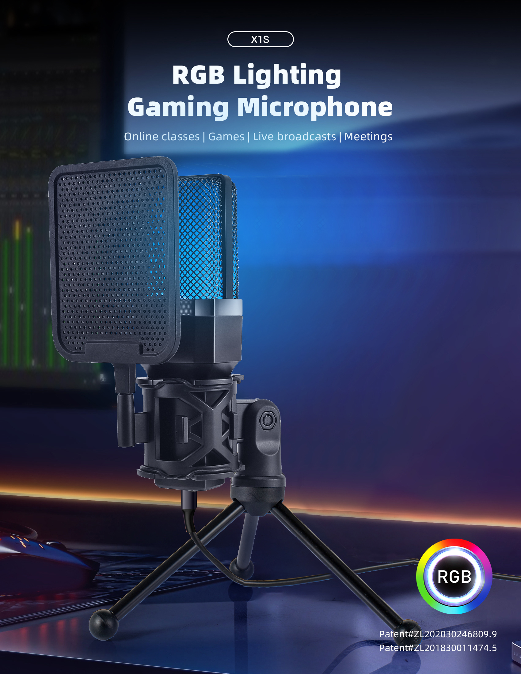 Professional USB condenser gaming microphone with RGB lighting