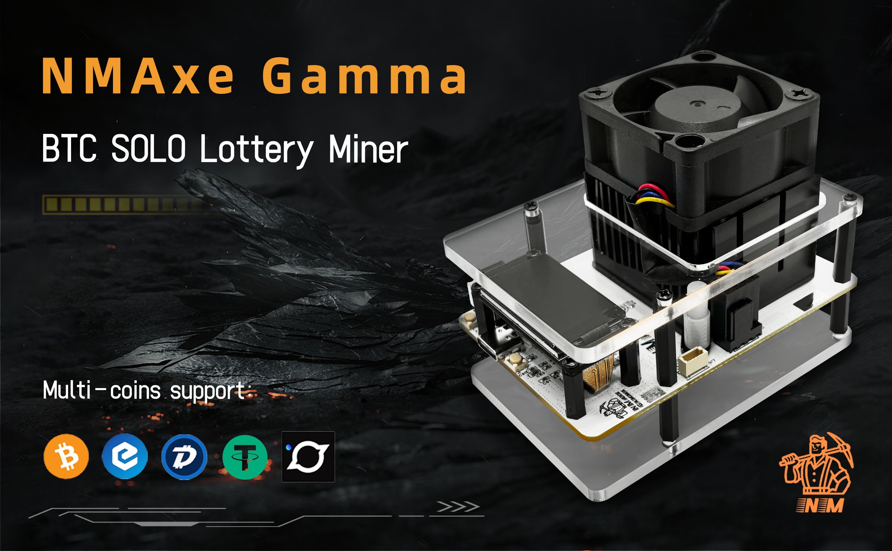 Side view of the NMAxe Gamma home crypto miner