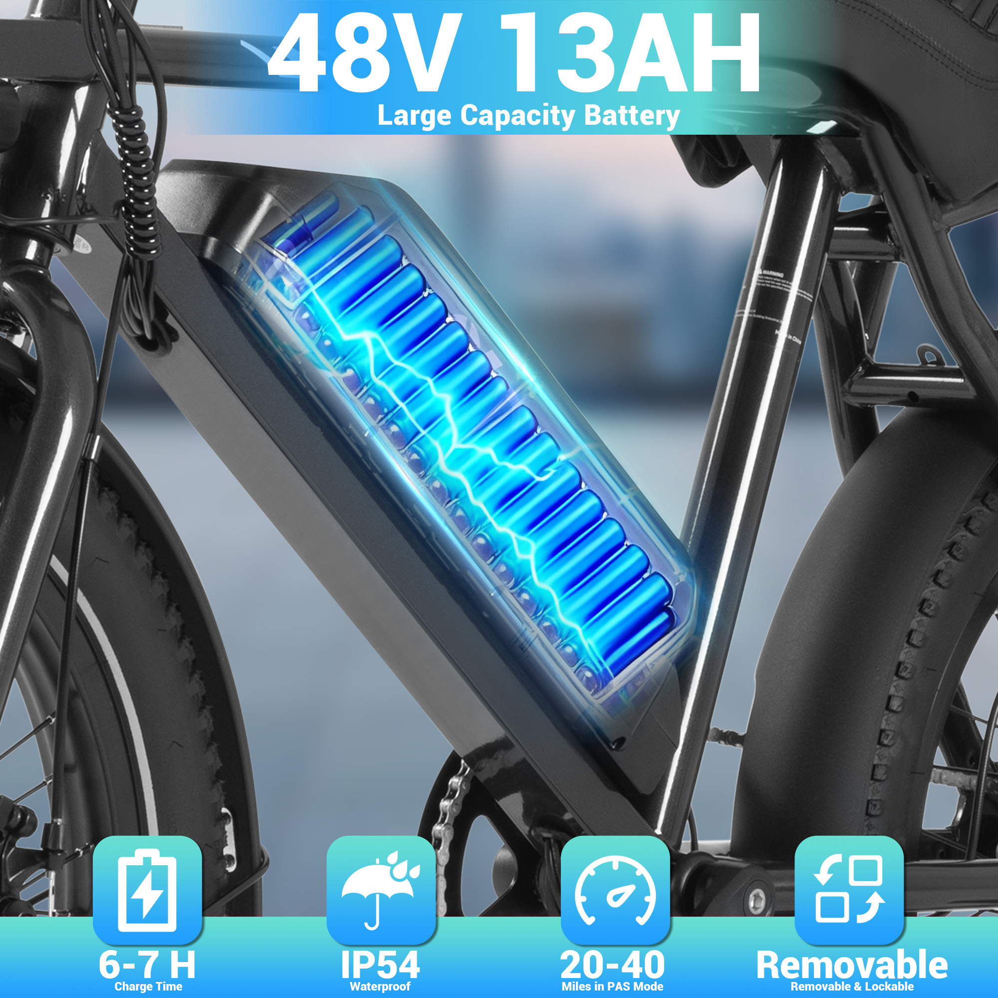 Side view of the 48V 13Ah removable battery electric bicycle