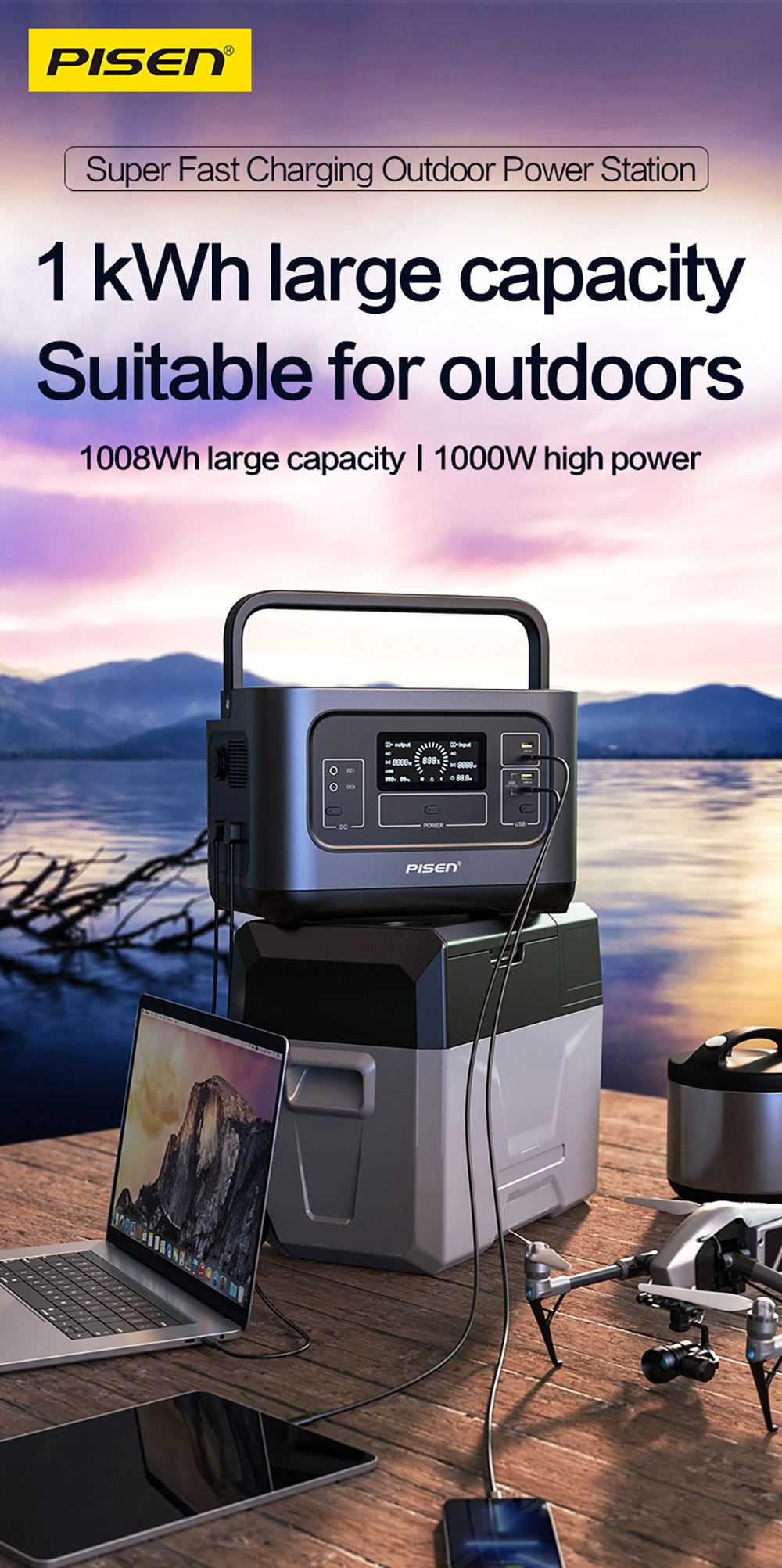 PISEN 1000W Solar Generator 1008Wh LiFePO4 Portable Power Station - Detailed view of the product