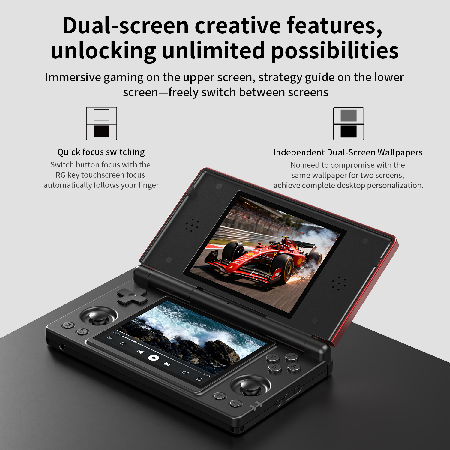 Anbernic RG DS flip game player highlighting dual screen design