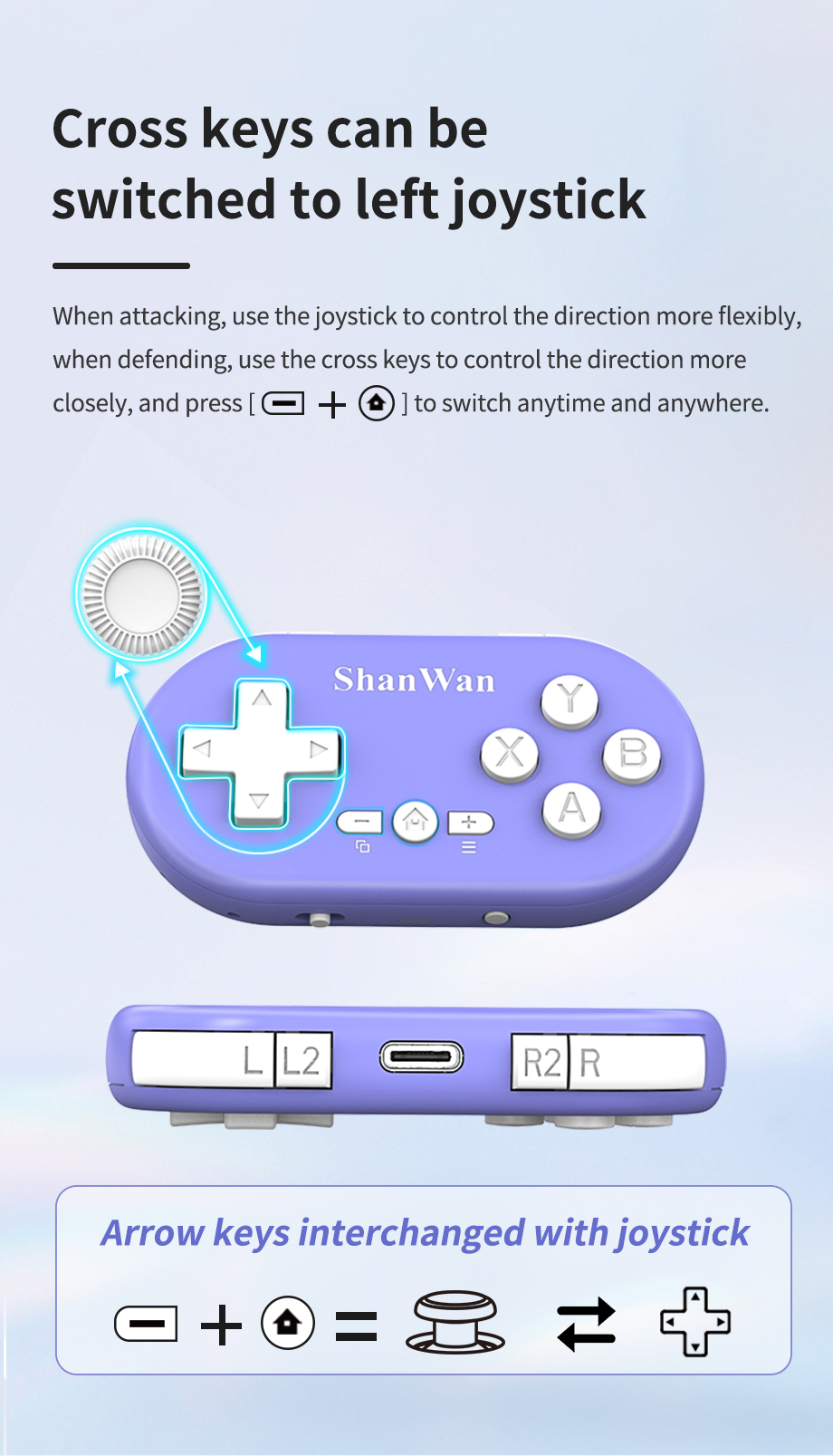 Bluetooth mobile gaming controller with key combinations