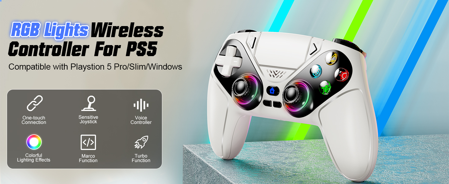 Wireless PS5 Gaming Controller with RGB and Turbo - Front-facing product display