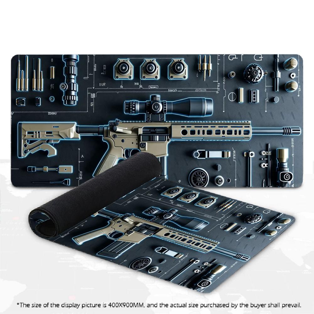 Gaming Mouse Pad Tactical Rifle Blueprint Neon Desk Mat - Front-facing product display