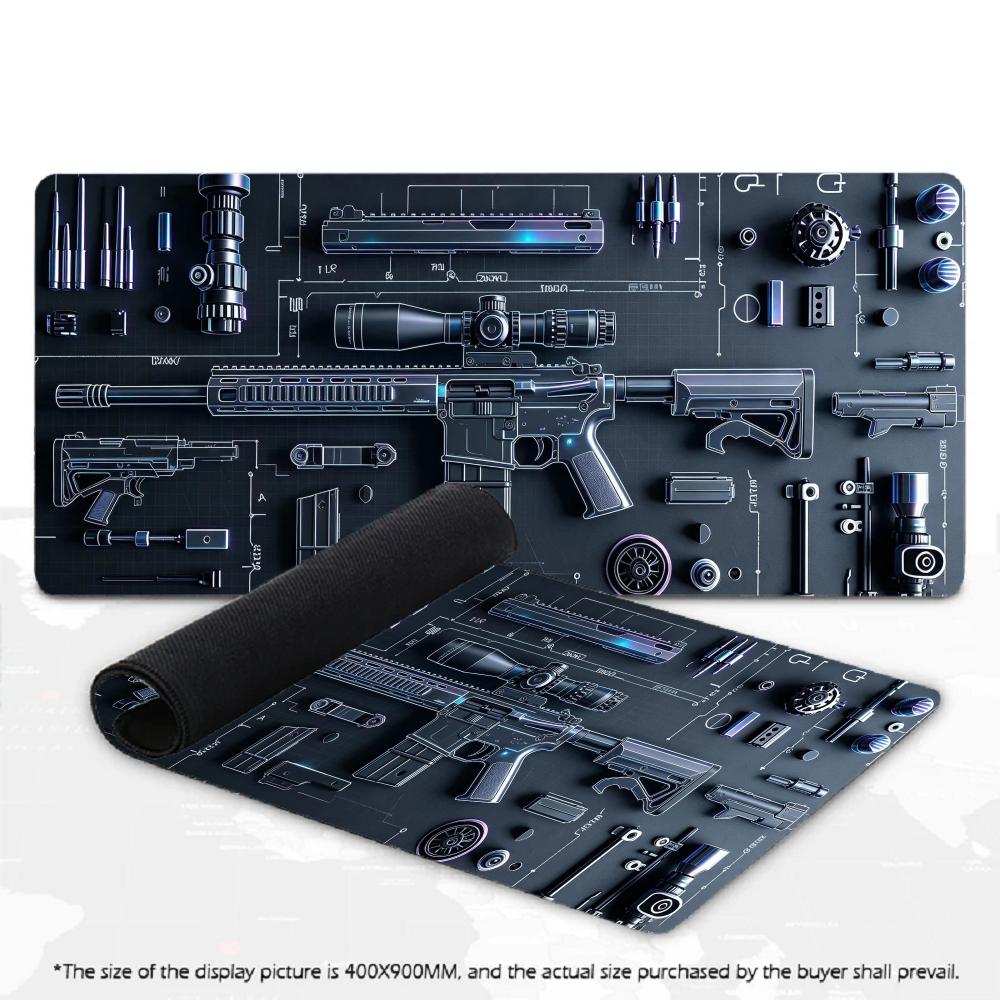Gaming Mouse Pad Tactical Rifle Blueprint Neon Desk Mat - Angle view of the product in use