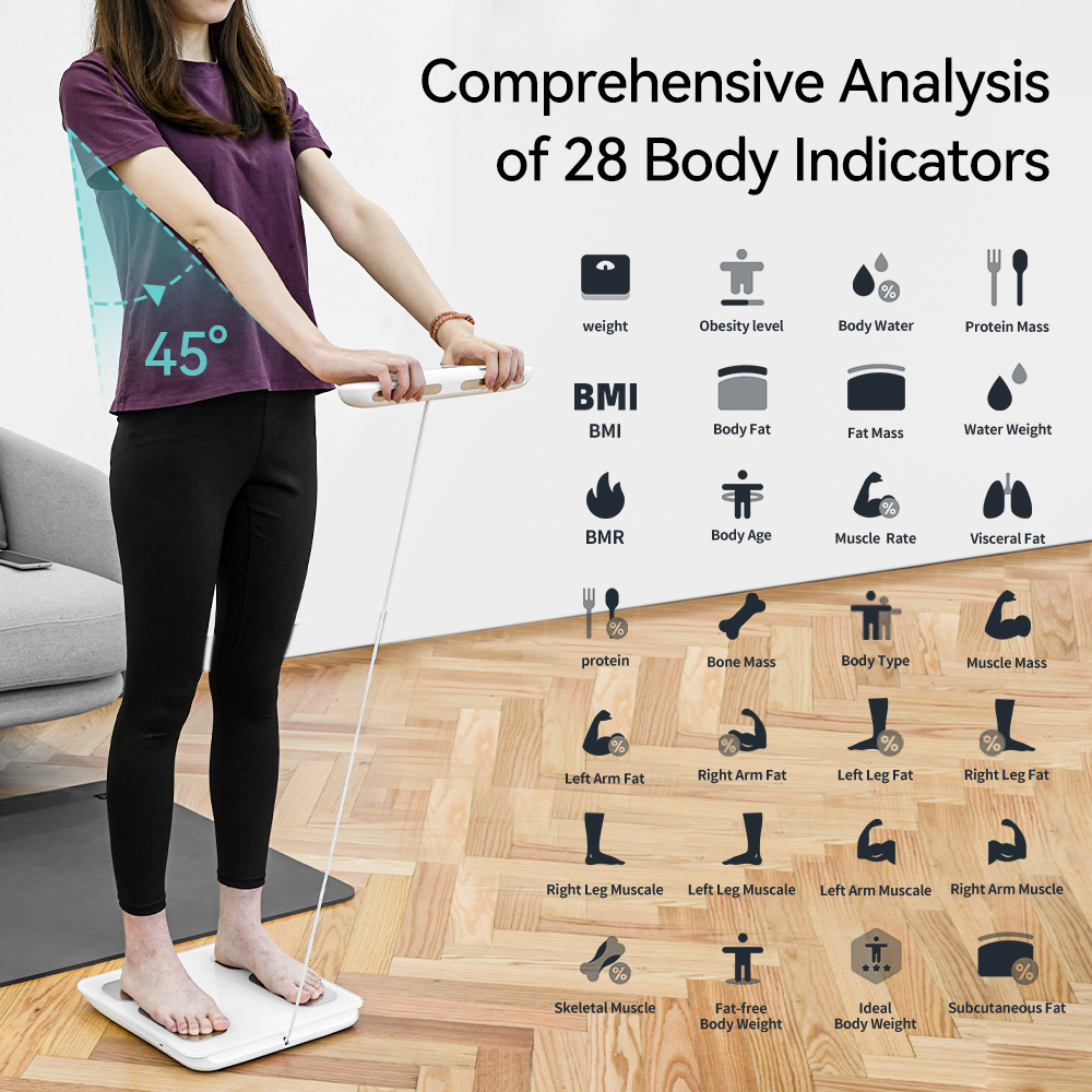 Digital bathroom scale showing 8 electrodes measurement