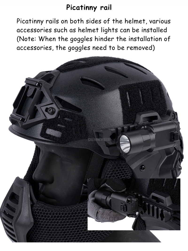 Tactical helmet accessory view including flip goggles and mask