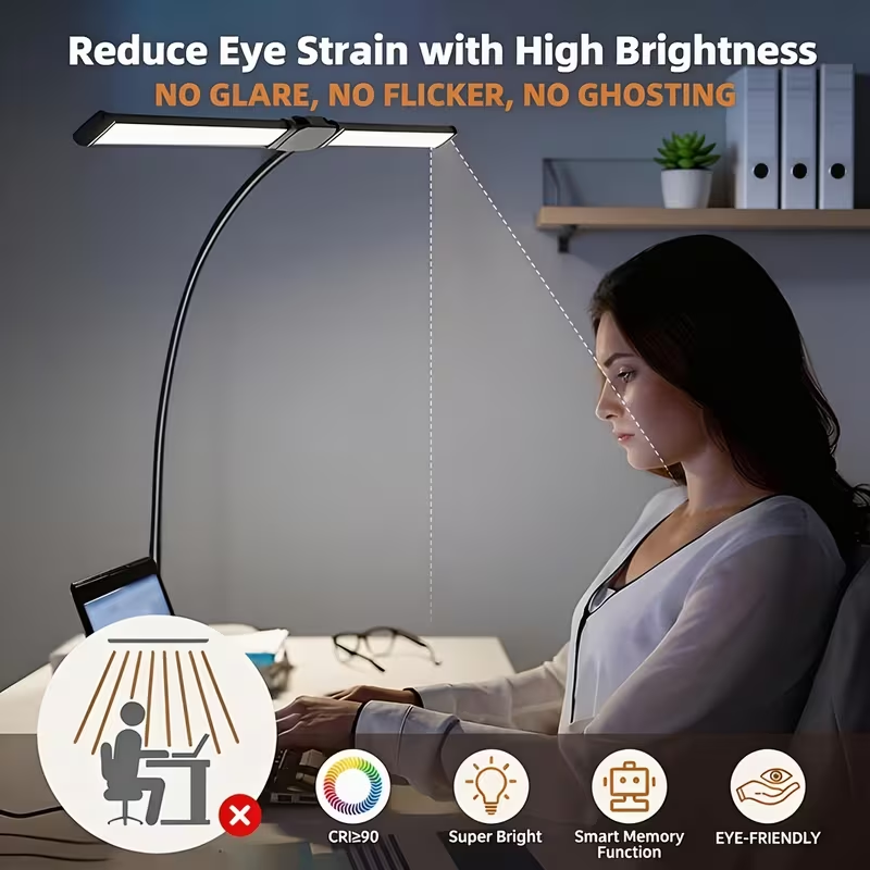 Double head desk lamp mounted with clamp