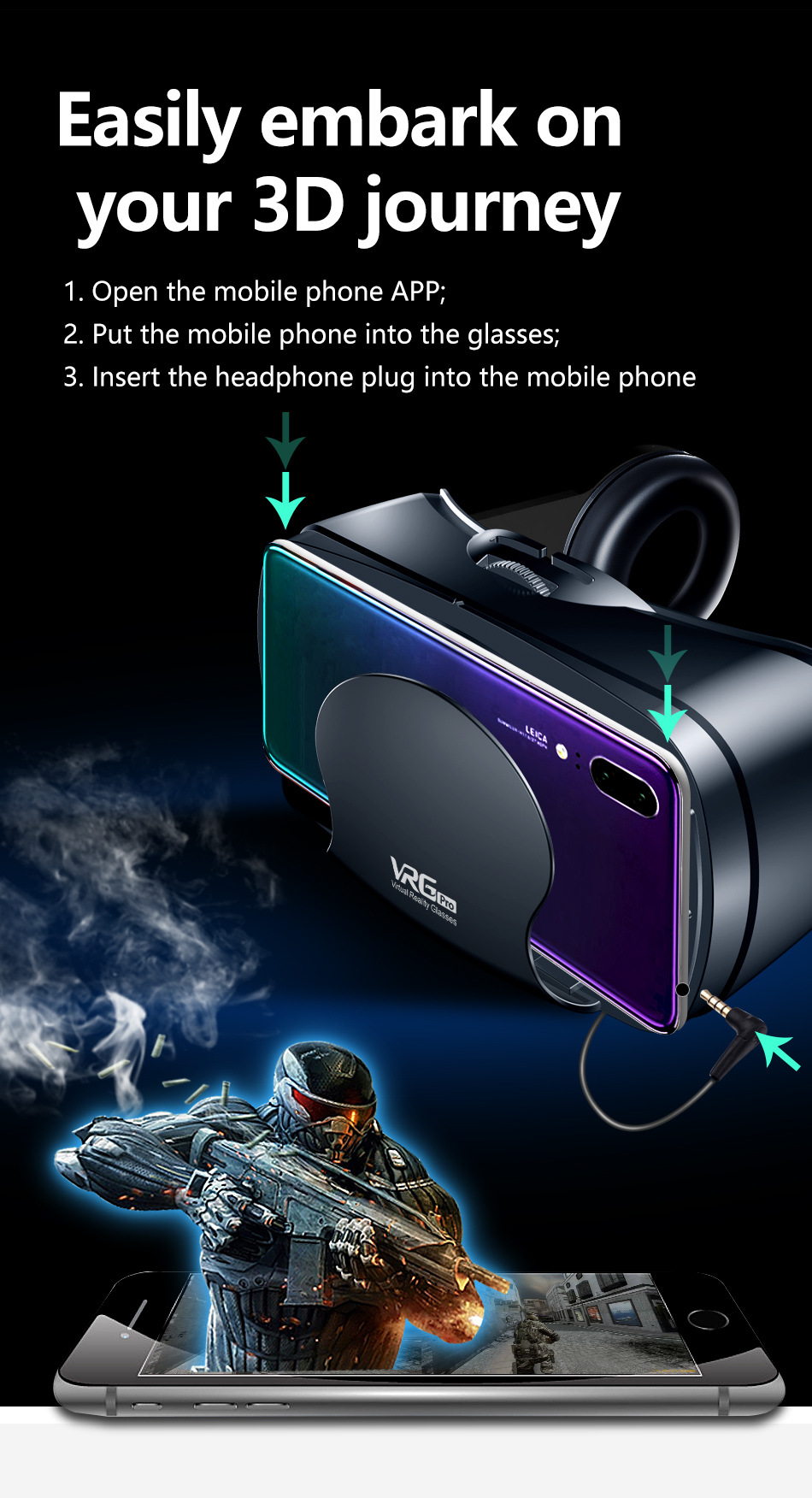 VR headset compatible with five to seven inch smartphones