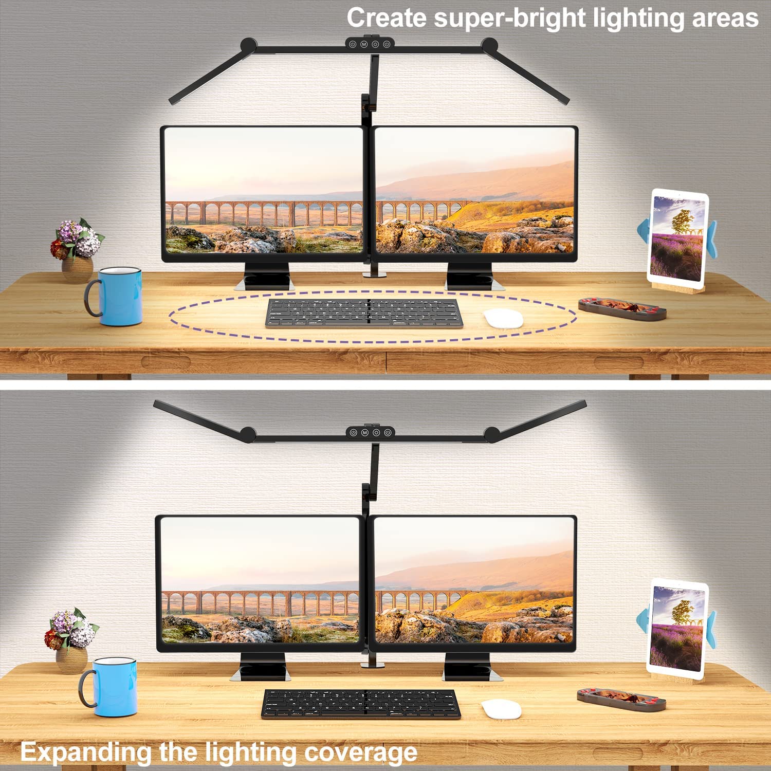 LED Desk Lamp with Clamp and Auto Dimming - Image highlighting product features