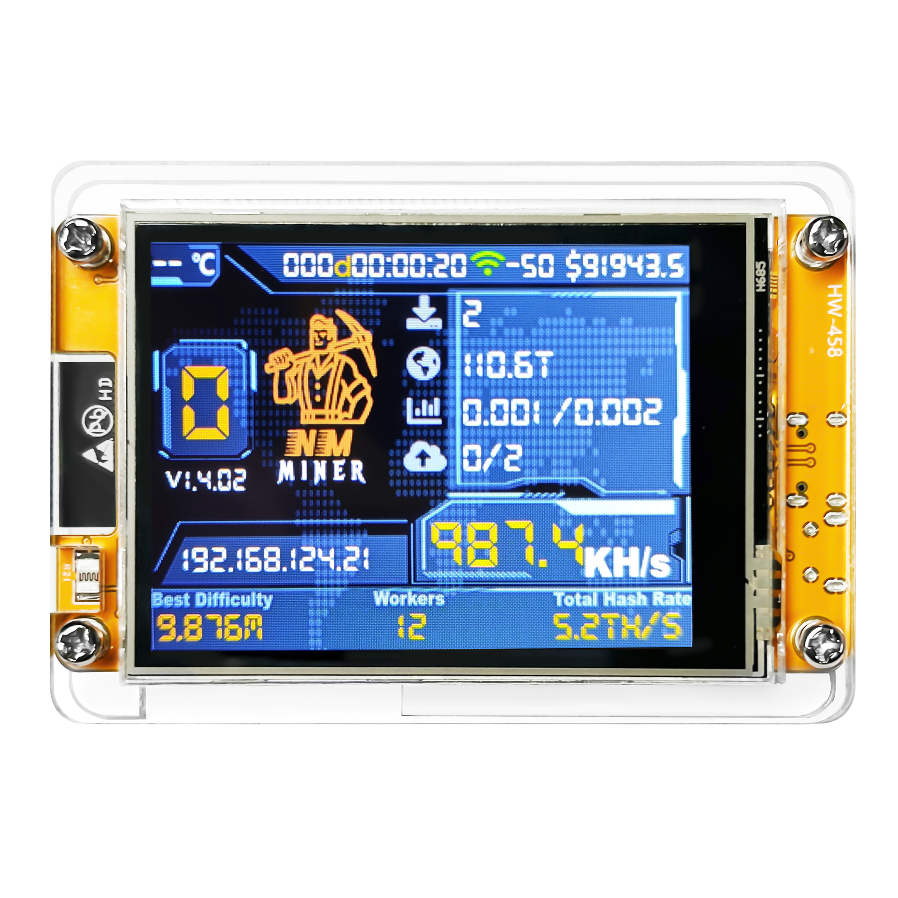 NerdMiner V2 in a colorful case