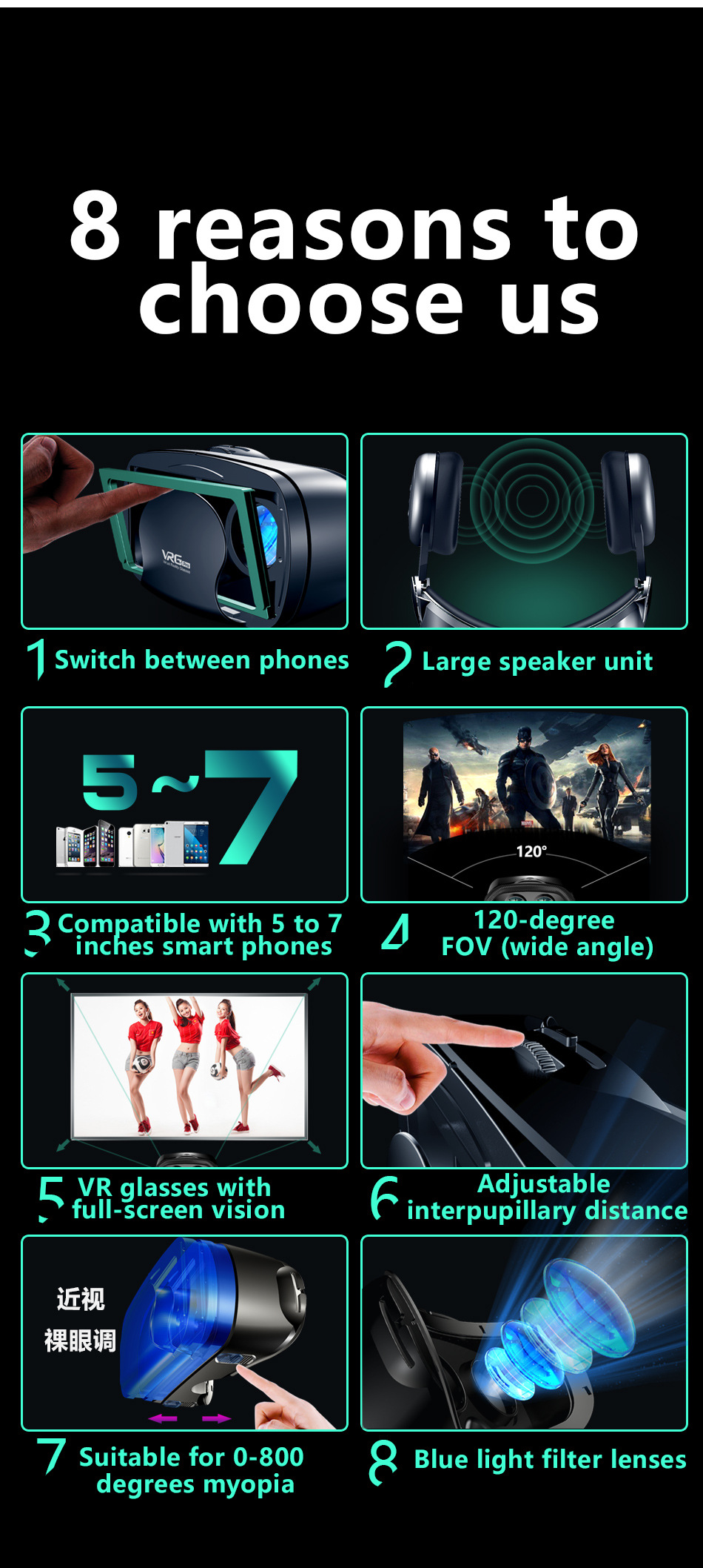 Diagram showing eight key features of the VR headset