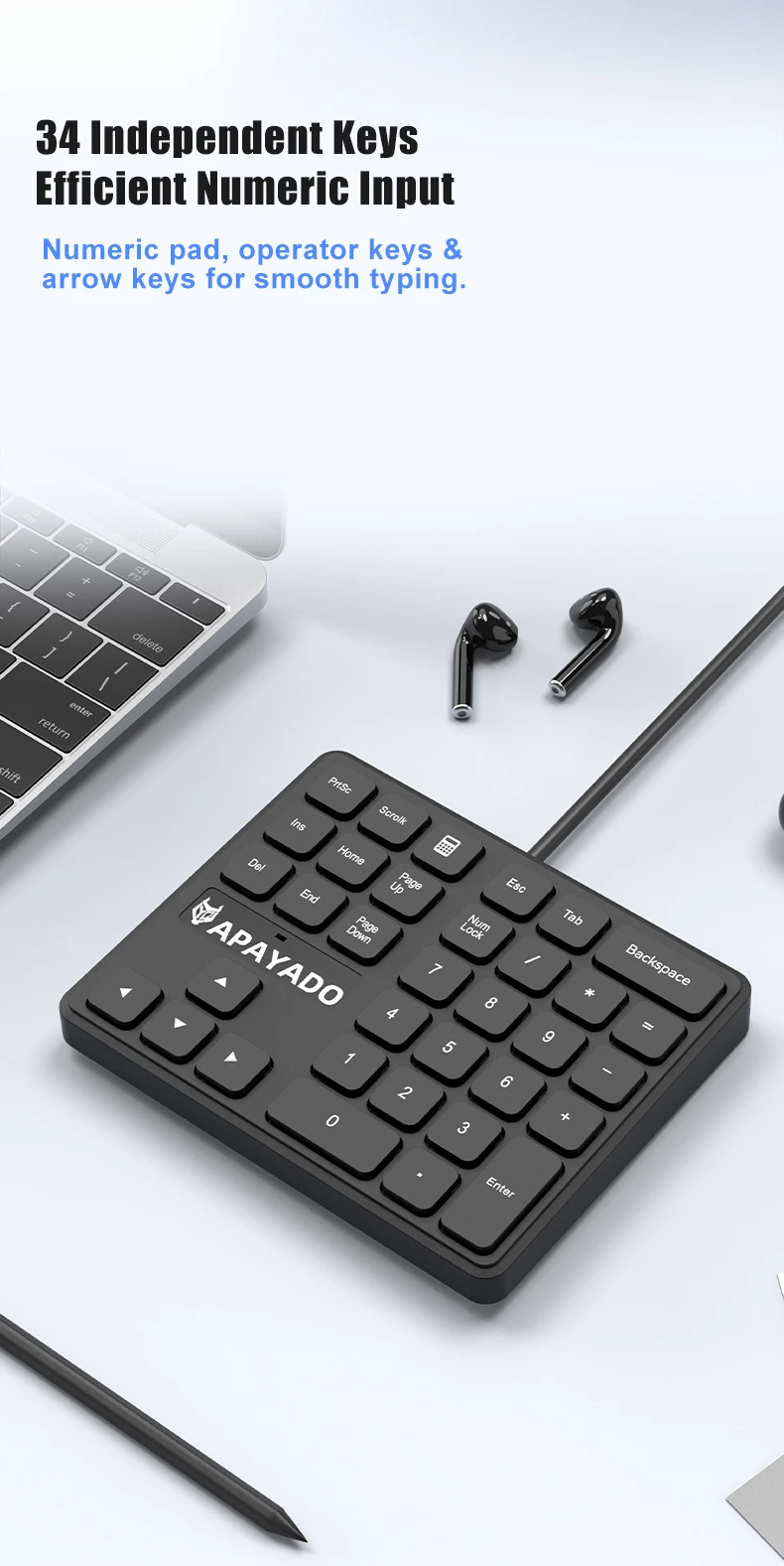 APAYADO T35 34 key USB number pad with ergonomic layout