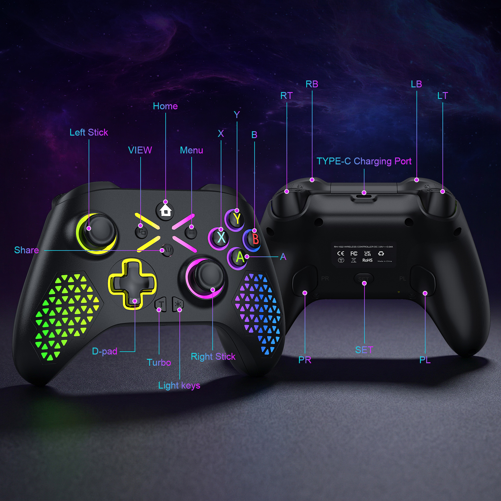 Wireless Xbox Controller RGB Gamepad for Xbox Series SX - Compact design captured from top angle